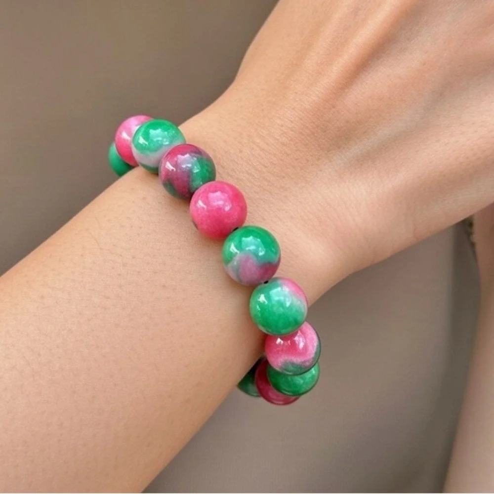 Watermelon Candy Jade Beaded Stretch Bracelet Pink Green Ombre 12mm Round Beads